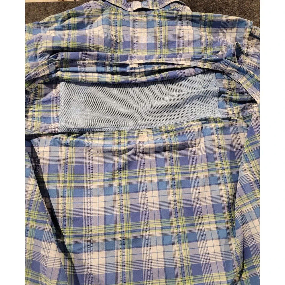Vineyard Vines Harbor Shirt Mens M Performance Fishing Plaid Blue Green Vented